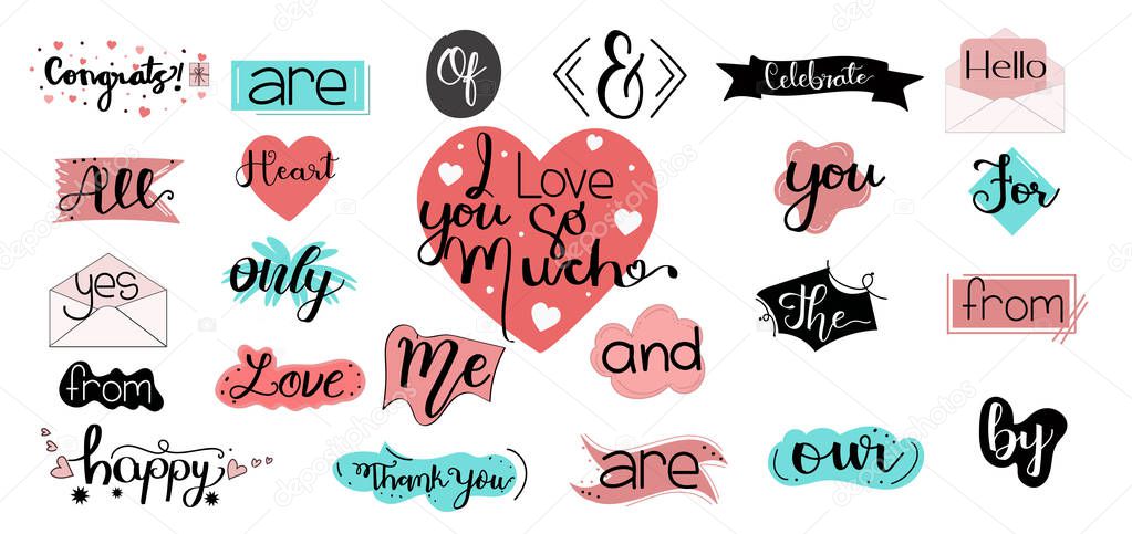 Catchwords Collection Romantic with Handwritten font. Prepositions vector set. Illustration catchwords.