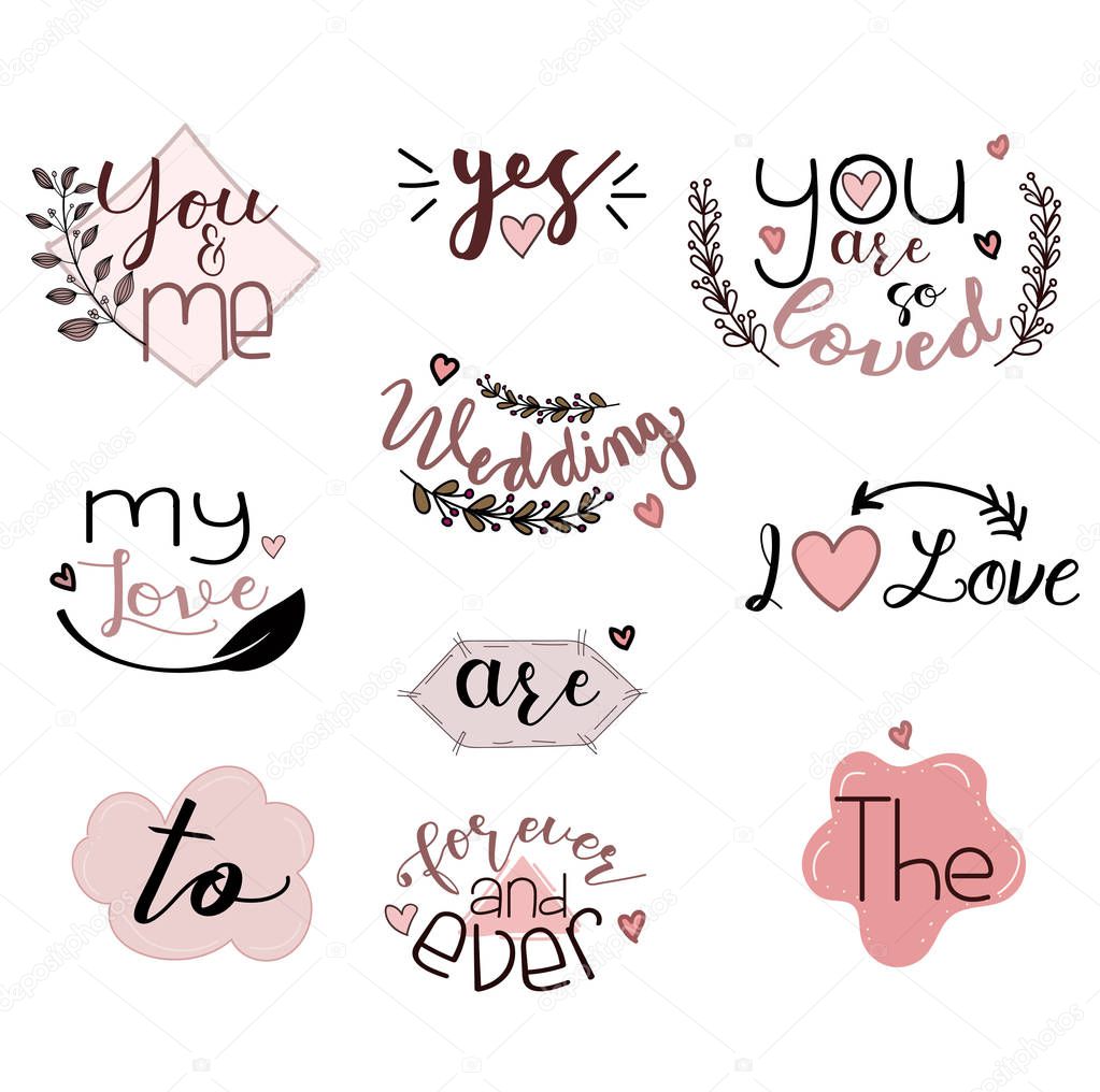 Catchwords Set Collection Romantic with Handwritten font. Prepositions vector set. Illustration catchwords. Love You. Engagement invitation card