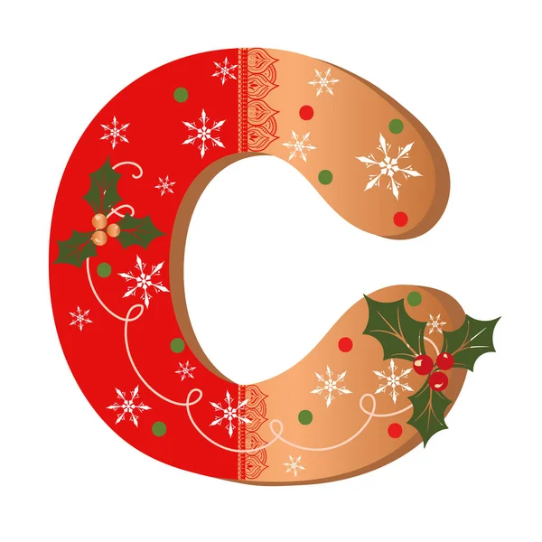 C harfi kurabiye alfabesi, içinde Noel çiçekleri ve kar taneleri var. Çizim Kurabiyesi