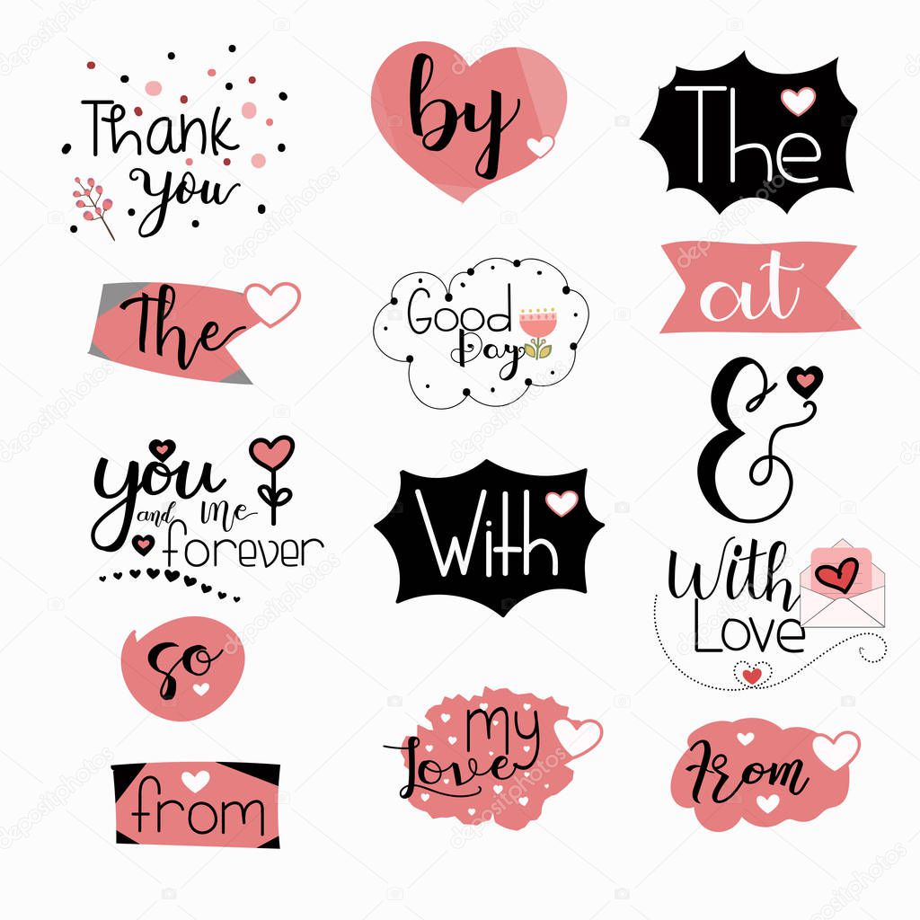 Catchwords Set Collection Romantic with Handwritten font. Prepositions vector set. Illustration catchwords. Love You. Engagement invitation card