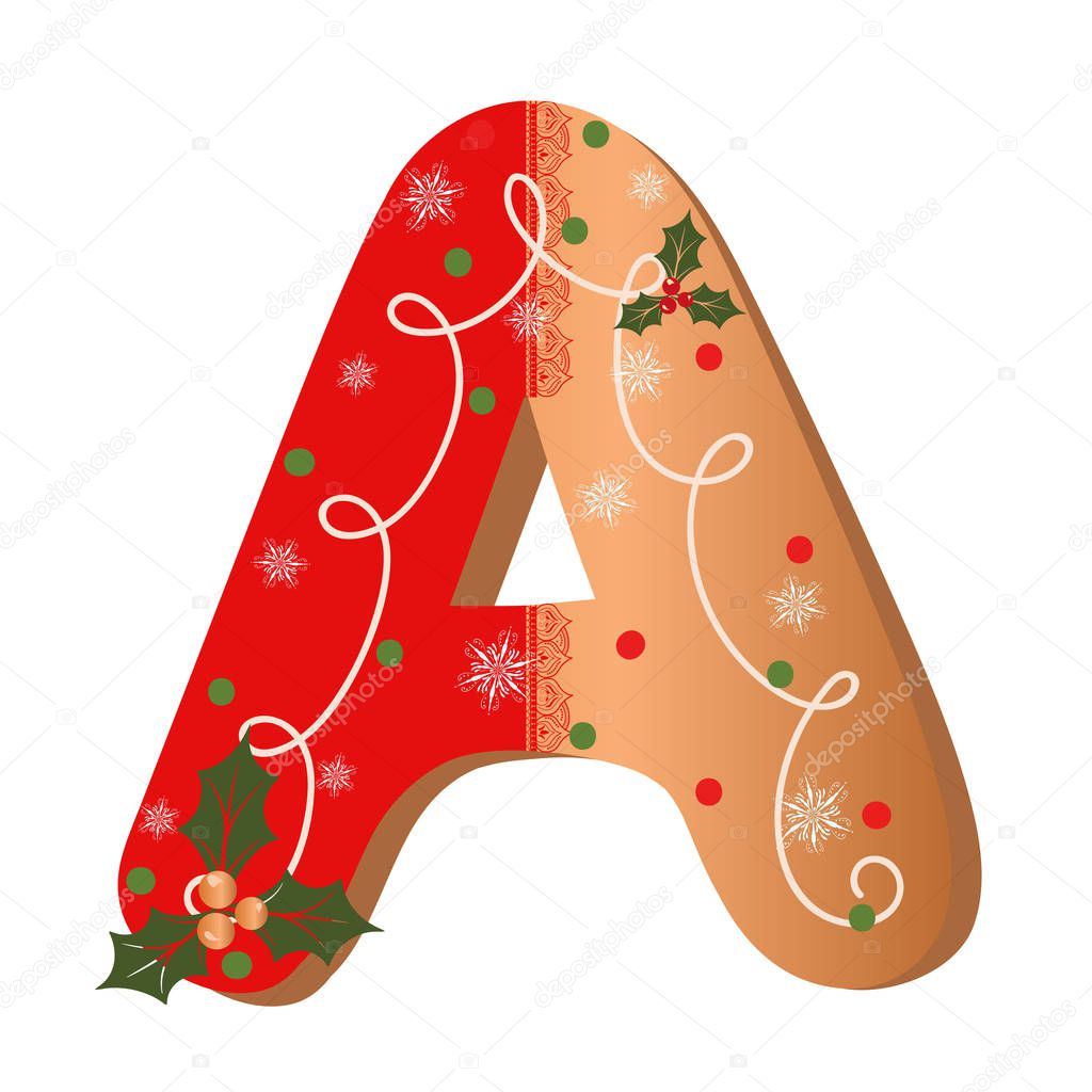Letter A cookie alphabet with Christmas flowers and snowflakes. Illustration Cookie