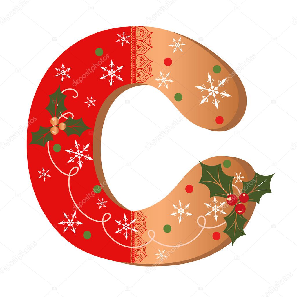 Letter C cookie alphabet with Christmas flowers and snowflakes. Illustration Cookie
