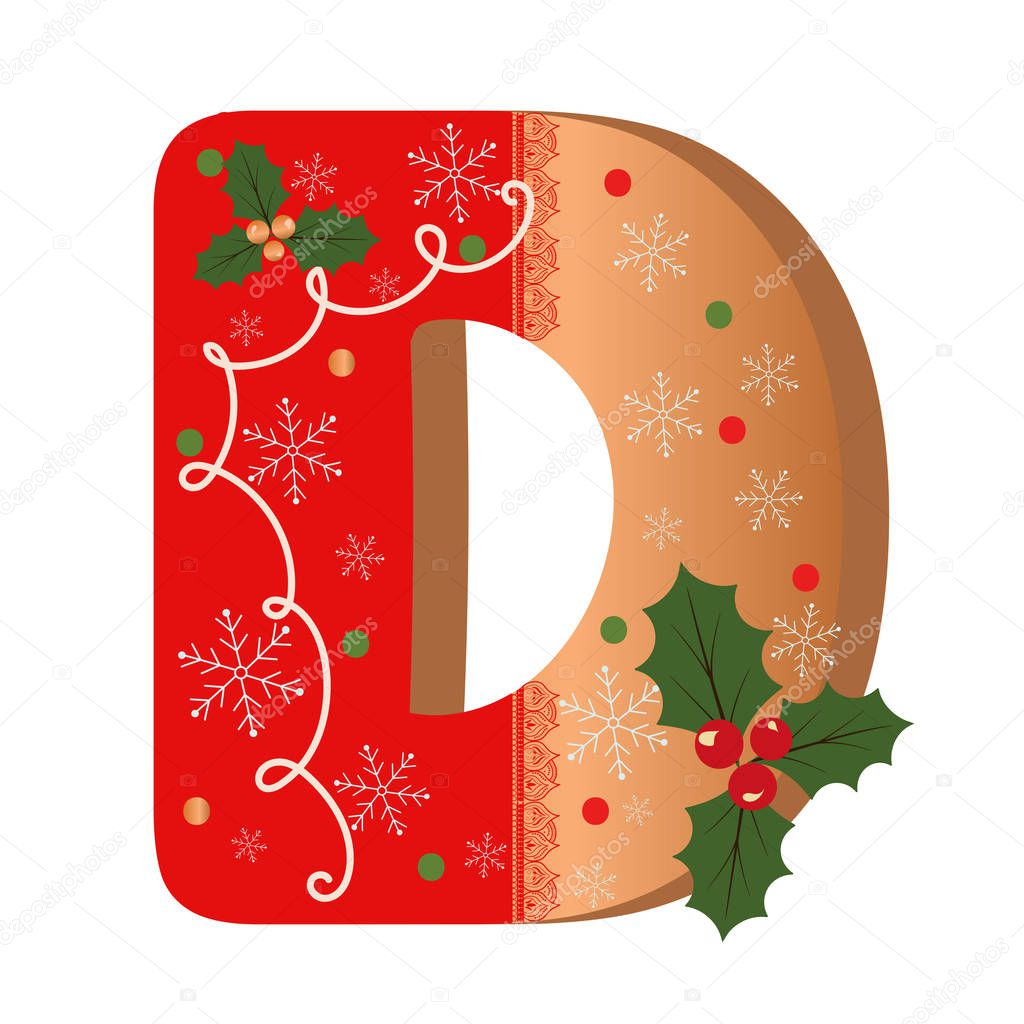 Letter D cookie alphabet with Christmas flowers and snowflakes. Illustration Cookie