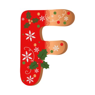 F harfli kurabiye alfabesi, içinde Noel çiçekleri ve kar taneleri var. Çizim Kurabiyesi