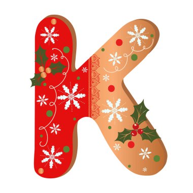K harfi kurabiye alfabesi, içinde Noel çiçekleri ve kar taneleri var. Çizim Kurabiyesi