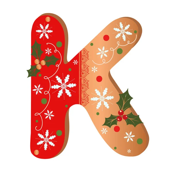 K harfi kurabiye alfabesi, içinde Noel çiçekleri ve kar taneleri var. Çizim Kurabiyesi