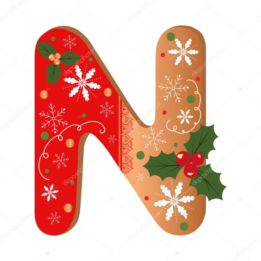 Letter N cookie alphabet with Christmas flowers and snowflakes. Illustration Cookie