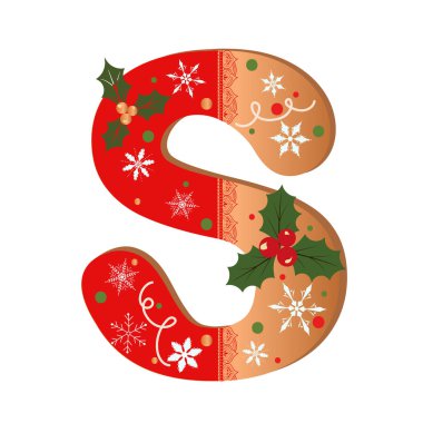 S harfi kurabiye alfabesi, içinde Noel çiçekleri ve kar taneleri var. Çizim Kurabiyesi