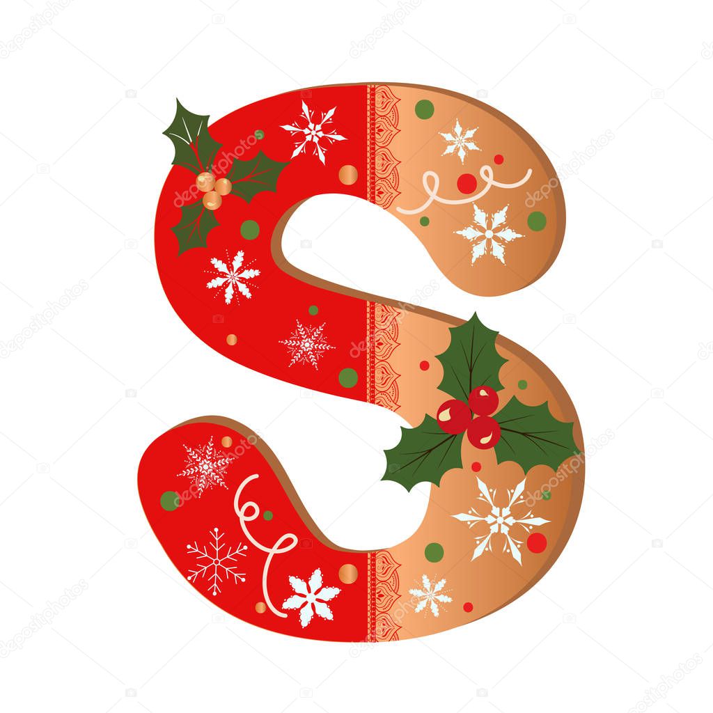 Letter S cookie alphabet with Christmas flowers and snowflakes. Illustration Cookie
