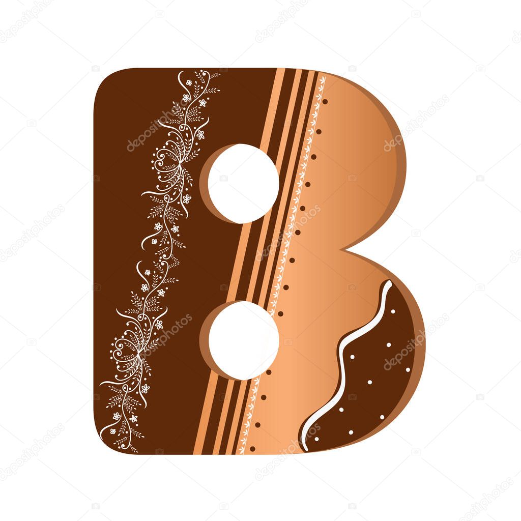 COOKIE ALPHABET gingerbread, Letter B cookie vector, Alphabet with ornaments. Cute letters decorative with chocolate. Illustration letter of alphabet