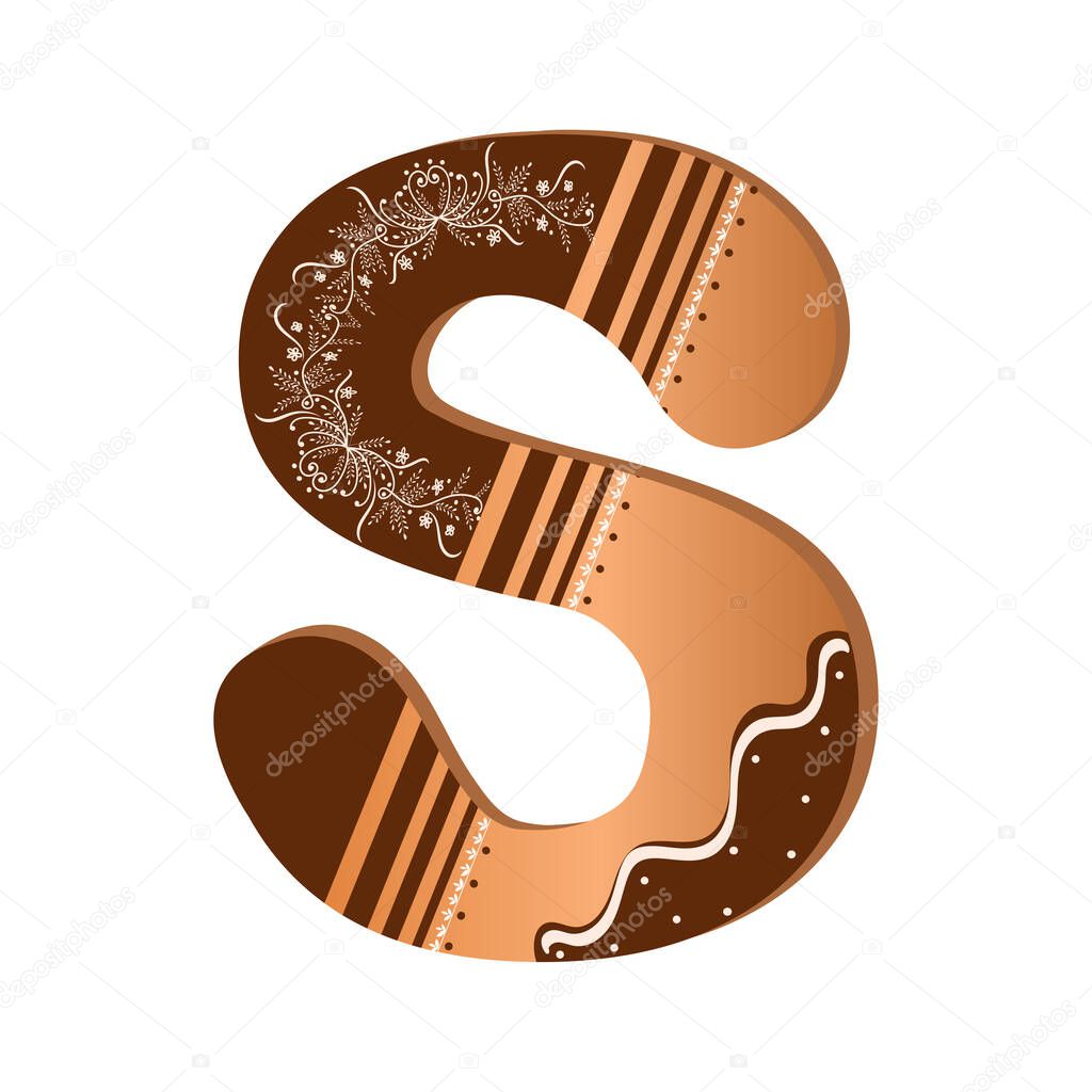 COOKIE ALPHABET gingerbread, Letter S cookie vector, Alphabet with ornaments. Cute letters decorative with chocolate. Illustration letter of alphabet