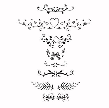 Dekoratif girdaplar. Yaprak taşıyıcılarla süslenmiş çelenkler. Vintage Süs Elementleri Koleksiyonunu Ayarla, El çizilmiş vektör ayırıcıları. Karalama tasarım elementleri. Çiçek elementleri çizimi