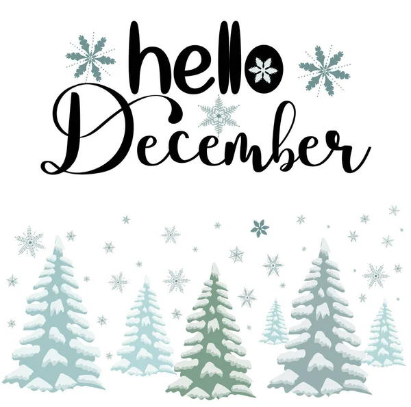 Hello December Hónap Hópelyhekkel Fákon Dekorációs Hópelyhek Illusztráció Hónap December — Stock Vector