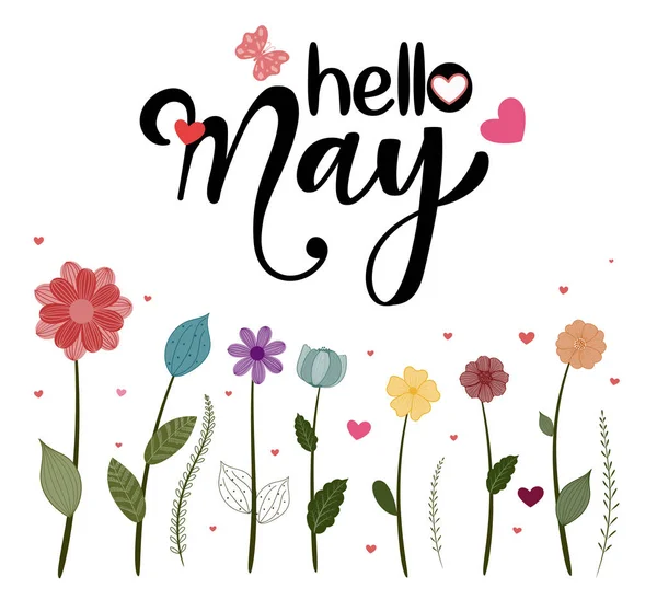 Hallo Mai Mit Blüten Und Blättern Dekoration Blumig Abbildung Monat — Stockvektor