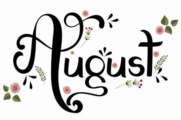 Agosto Mes Vector Con Flores Hojas Texto Decorativo Floral Letras — Archivo Imágenes Vectoriales