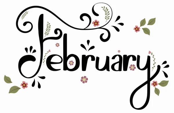 Febrero Mes Vector Con Flores Hojas Texto Decorativo Floral Letras — Archivo Imágenes Vectoriales