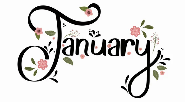 January Month Vector Flowers Leaves Decoration Text Floral Hand Drawn — Stock Vector