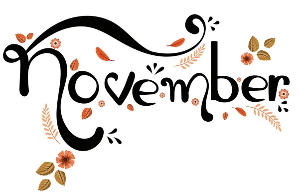 November Month Vector Flowers Leaves Decoration Text Floral Hand Drawn — 图库矢量图片