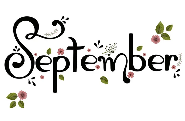 September Month Vector Flowers Leaves Decoration Text Floral Hand Drawn — Stock Vector