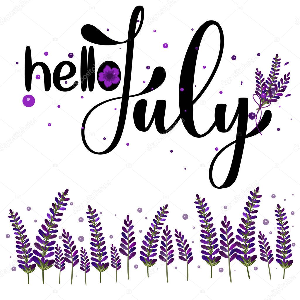 Hello July month with flowers and leaves. Decoration floral. Illustration month July