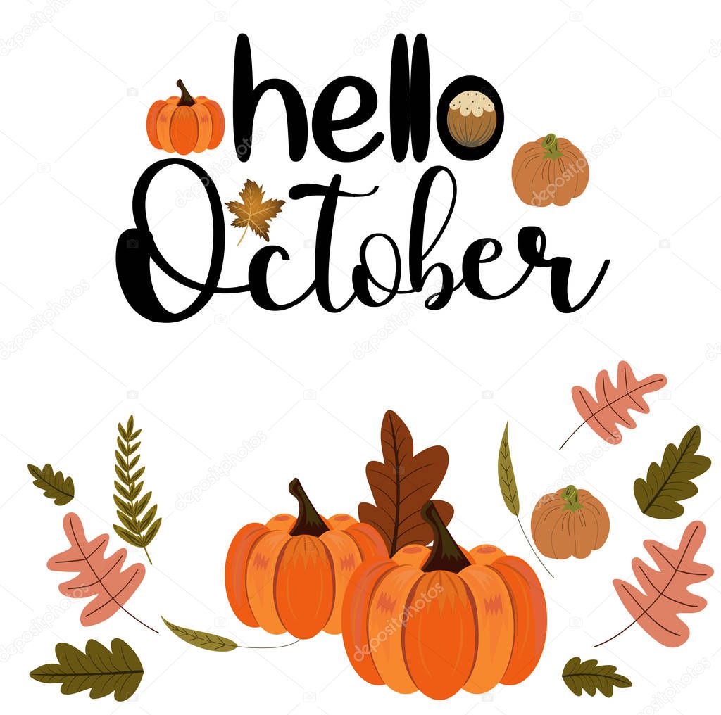Hello October month vector with pumpkin autumn and leaves. Illustration month october