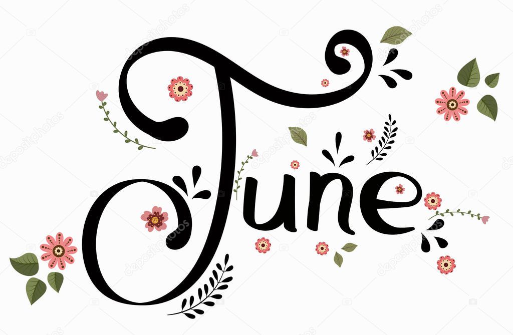 JUNE month vector with flowers and leaves. Decoration text floral. Hand drawn lettering. Illustration June calendar
