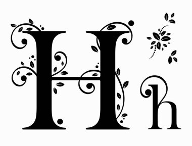 Süslemeleri klasik vektörle süslenmiş alfabe, H harfi büyük ve küçük harfli ve yapraklı vektör. Davetiye kartı ve diğer konsept fikirler için klasik dekorasyon. Resim alfabesi
