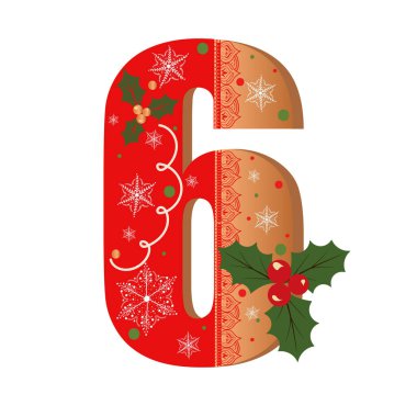 Numarası zencefilli kurabiye vektörü. Çiçekli, yapraklı ve kar taneli 6 numara. Resimli kurabiye numaraları