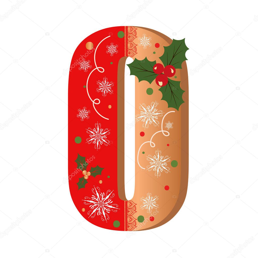 Numbers Gingerbread cookies vector - number 0 with flowers, leaves christmas and snowflakes. Illustration cookies numbers