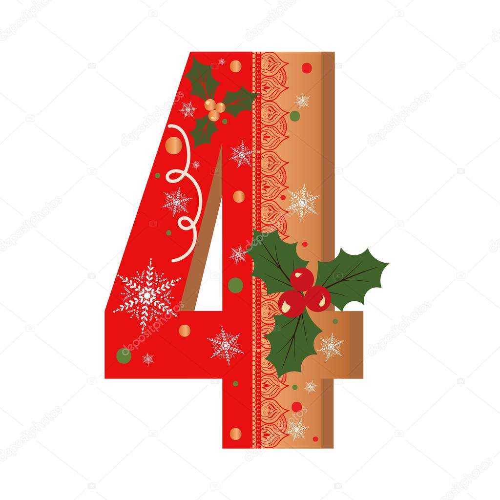 Numbers Gingerbread cookies vector - number 4 with flowers, leaves christmas and snowflakes. Illustration cookies numbers