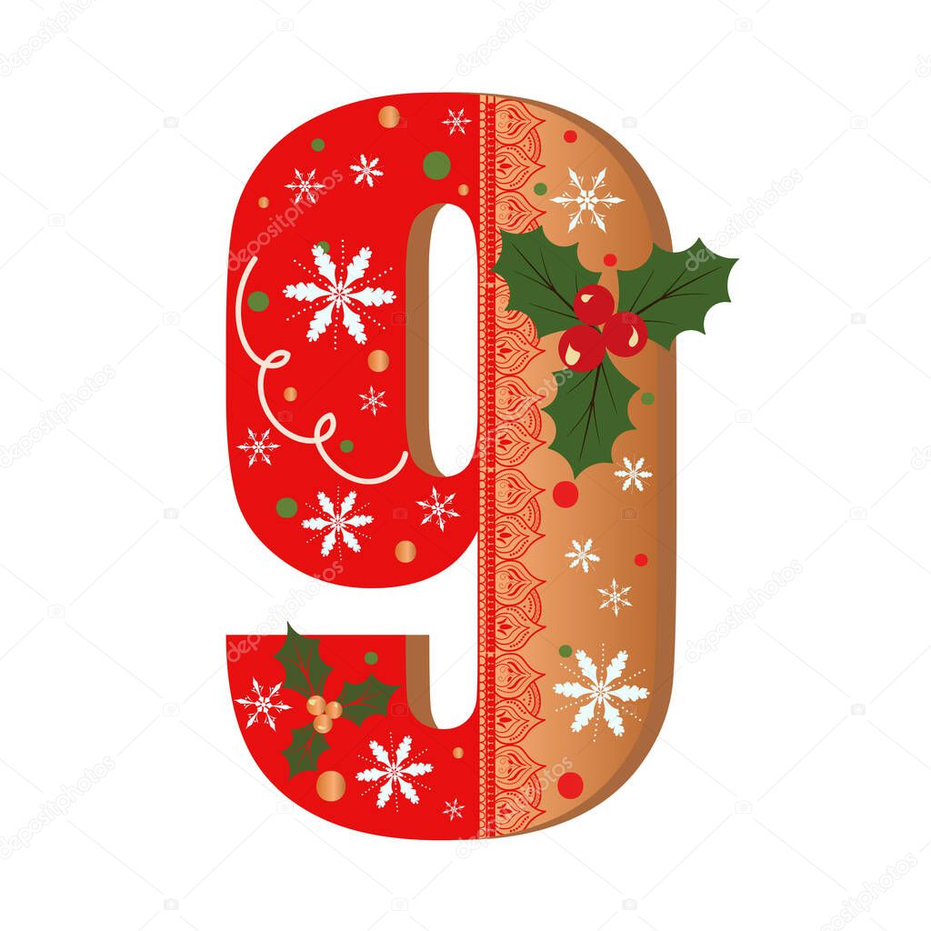 Numbers Gingerbread cookies vector - number 9 with flowers, leaves christmas and snowflakes. Illustration cookies numbers