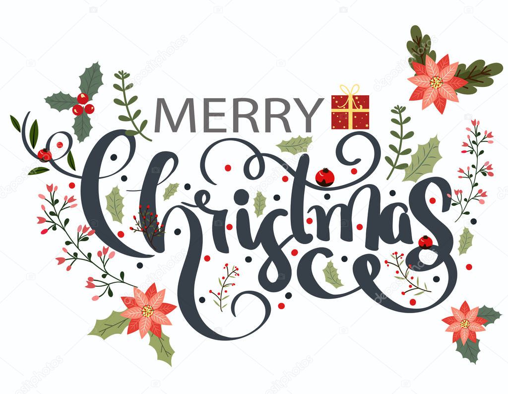 December with Merry Christmas text vector and Typography decoration creative. Elements, leaves, flowers and more. Illustration Merry Christmas