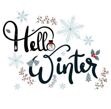 Merhaba kar taneleri ve yapraklarla dekoratif kış metinleri. Kartlar, posterler, afişler ve daha fazlası için dekorasyon.