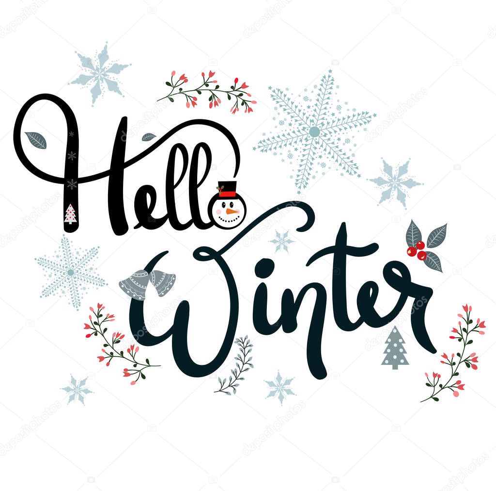 Hello Winter text decorative with snowflakes and leaves. Decoration for cards, posters, banners and more.