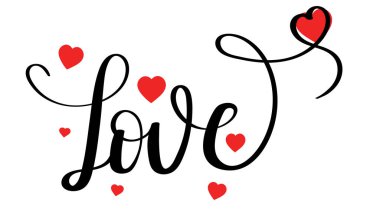 Heart Love metin vektörü süs eşyalarıyla birlikte. Kalp sevgisi illüstrasyonu. Sevgililer Günü tebrik kartı. Seviyorum imzanı