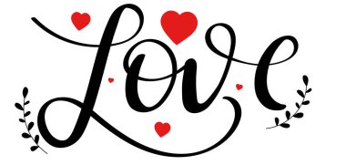 Heart Love metin vektörü süs eşyalarıyla birlikte. Kalp sevgisi illüstrasyonu. Sevgililer Günü tebrik kartı. Seviyorum imzanı