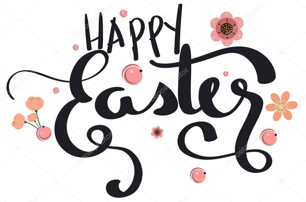 Happy Easter lettering with Bunny ears. Illustration Easter handwritten