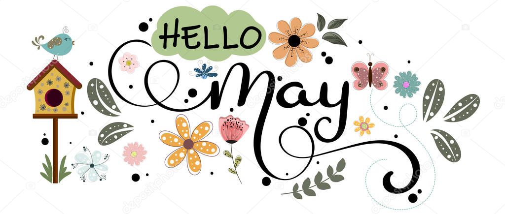 MobileHello May. May month vector hand lettering with flowers and leaves. Decoration floral. Illustration month may