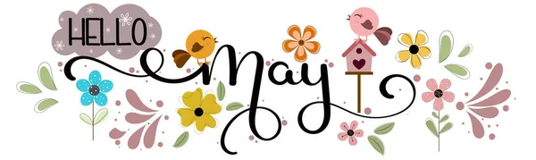 こんにちはメイ 5月ベクターの手の花 鳥の家と葉でレタリング 装飾用の花 イラストの月 — ストックベクタ