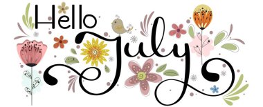 Merhaba July. Merhaba Temmuz ayı çiçek ve yapraklı vektör dekorasyonu. İllüzyon Ay Temmuz