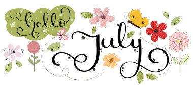 Merhaba July. Merhaba Temmuz ayı çiçek ve yapraklı vektör dekorasyonu. İllüzyon Ay Temmuz