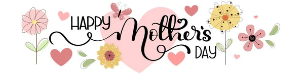 Moederdagwenskaart Viering Happy Mother Day Kalligrafie Vector Met Bloemen Harten — Stockvector