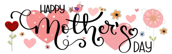 Moederdagwenskaart Viering Happy Mother Day Kalligrafie Vector Met Bloemen Harten — Stockvector