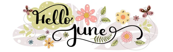 Merhaba June Haziran Ayı Çiçek Kelebek Yapraklarla Süsleme Resim Ayı — Stok Vektör