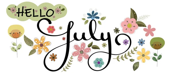 Merhaba July. Merhaba Temmuz ayı çiçek ve yapraklı vektör dekorasyonu. İllüzyon Ay Temmuz
