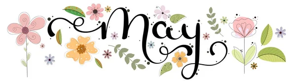 Ciao May Maggio Mese Vettore Mano Lettering Con Fiori Foglie — Vettoriale Stock