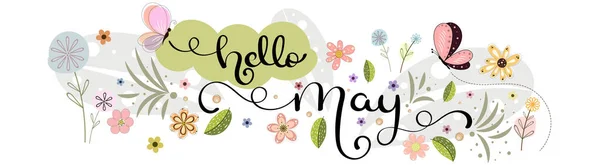 Hola May Mayo Mes Escritura Manual Vectorial Con Flores Mariposas — Vector de stock