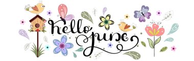 Merhaba June. Haziran ayı çiçek, kelebek, kuş evi ve yapraklarla süsleme. Resim ayı Haziran