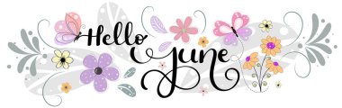 Merhaba June. Haziran ayı çiçek, kelebek ve yapraklarla süsleme. Resim ayı Haziran
