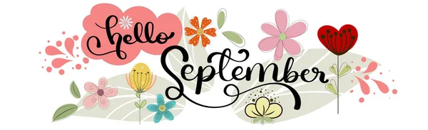 Hello September September Month Vector Decoration Flowers Leaves Illustration Month — Stock Vector